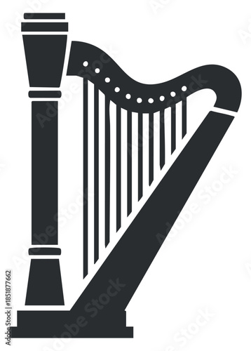 A black silhouette of a harp in minimalist vector style, suitable for music-themed designs and artistic projects