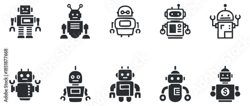 A set of cute robot icons in flat modern vector style, perfect for technology-themed projects and illustrations