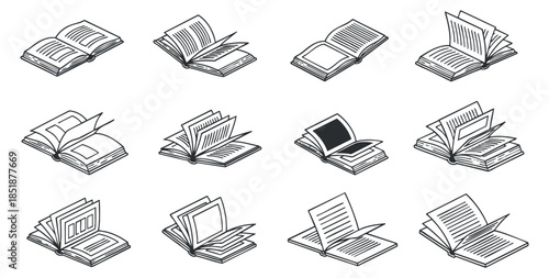 A collection of various open and closed book illustrations in black and white outline vector style, suitable for educational materials and graphic design