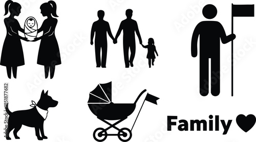 Flat design family icons set with two women holding baby couple holding hands with child stroller dog and person with flag minimalist black vector silhouette collection