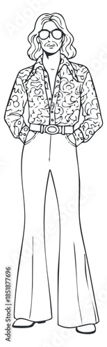 A stylish man in a patterned shirt and flared trousers in black and white line art vector style, suitable for fashion illustrations