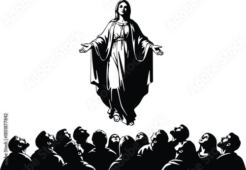 Silhouette vector ascending woman with outstretched arms over crowded congregation looking upward close up high contrast black and white religious scene dramatic low angle lighting robe