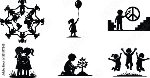 Flat design close up six child silhouettes showing play friendship planting tree and peace symbols in minimal black and white vector icons playful joyful simple shapes