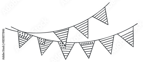 A collection of patriotic bunting flags with stars and stripes in black and white outline vector style, ideal for festive events and celebrations
