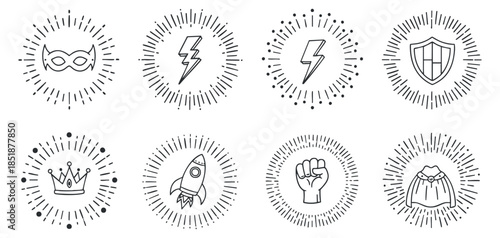 A set of superhero-themed icons including a mask, lightning bolts, a rocket, and a crown in outline vector style, perfect for creative projects and branding