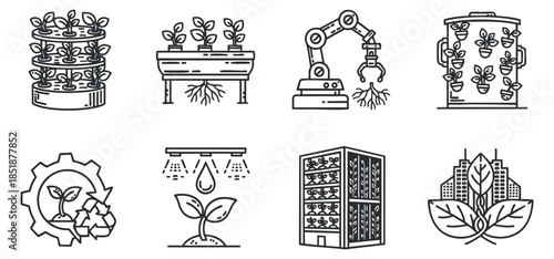 A set of linear icons depicting hydroponic farming, automation in agriculture, and urban gardening in minimalist vector style, suitable for eco-themed projects
