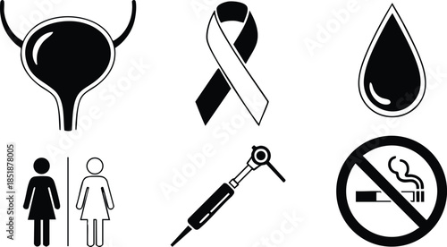 Flat design black medical icon set showing bladder ribbon blood drop syringe no smoking symbol and female restroom silhouettes arranged in horizontal layout for health education