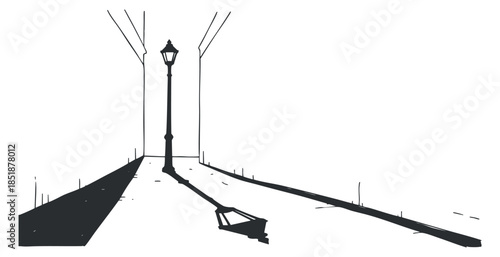A minimalist illustration of a street lamp casting a long shadow on a pathway in black and white vector style, suitable for urban design projects