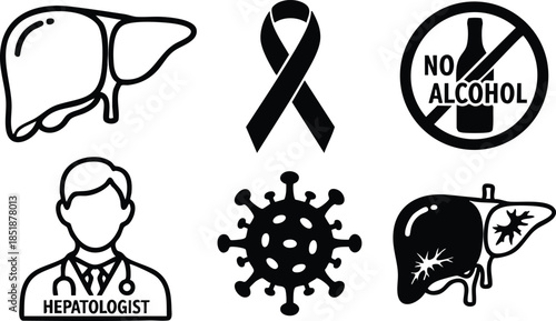Line art outline medical liver icon set with healthy liver damaged liver virus symbol no alcohol sign hepatologist avatar awareness ribbon simple monochrome flat vector illustration