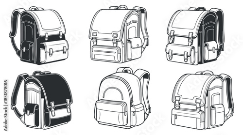 A set of various backpack designs in black and white outline vector style, ideal for travel and outdoor activities
