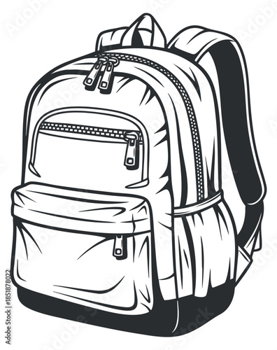 A detailed illustration of a backpack in black and white line art style, ideal for educational and travel projects