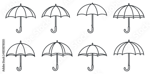 A collection of eight simple umbrella icons in minimalistic outline vector style, suitable for weather-themed designs