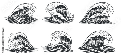 A collection of six stylized ocean waves in black and white vector style, ideal for nautical-themed designs