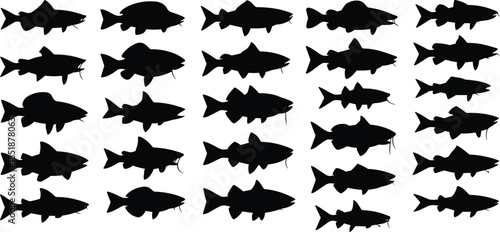 Fish silhouette icon set, aquatic shape, marine life, black fish, pattern grid, visual comparison, minimal, graphic, underwater, sea animal, fin variation, design reference, 