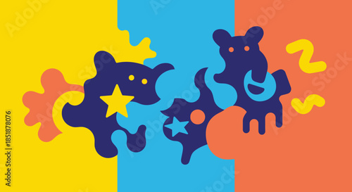 Abstract playful cartoon characters in a vibrant color block background.