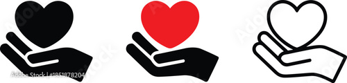 Hand holding heart icon, care symbol, compassion graphic, support gesture, black red outline, vector design, love, help, donation, charity, kindness, healthcare, emotional support, flat style,