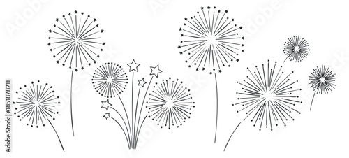 A collection of fireworks and star bursts in black and white outline vector style, suitable for celebration and festive designs