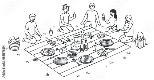 A group of friends enjoying a picnic on a blanket with various foods and drinks in line art vector style, perfect for social and lifestyle projects