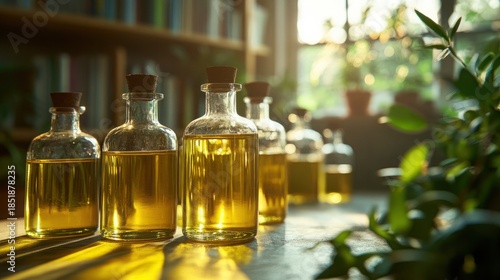Sunlit Bottles of Natural Oil on a Wooden Table in a Cozy Herbal Workshop Setting