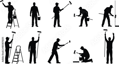 Professional house painter silhouettes with roller brush ladder bucket set isolated on white background for renovation and decorating concepts projects