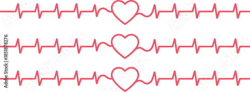 Heartbeat icon set, ECG line, heart shape, cardiology, health symbol, love, pink, waveform, medical, pulse, rhythm, graphic, minimal design, UI element, wellness, heartbeat trace, healthcare, emotion