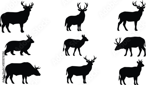 Collection of nine black silhouettes of deer and antelopes in various poses