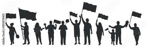 A group of diverse people holding flags in silhouette style, demonstrating unity and activism in a black and white vector illustration, suitable for social movement themes
