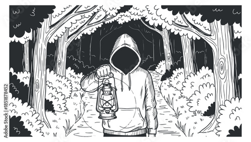 A mysterious figure in a hoodie holding a lantern, surrounded by trees in a black and white vector style, perfect for adventure and exploration themes