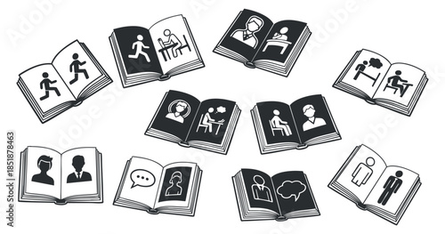 A collection of open books featuring various people and activities in black and white vector style, suitable for educational and informational designs