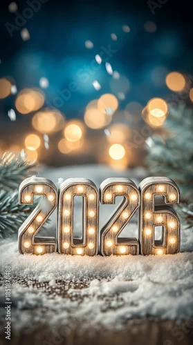 2026 Illuminated Sign in Snow with Festive Lights and Pine Branches vertical video