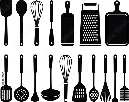 Kitchen utensil silhouettes, cooking tools, black icons, spatula, ladle, whisk, grater, cutting board, vector set, 