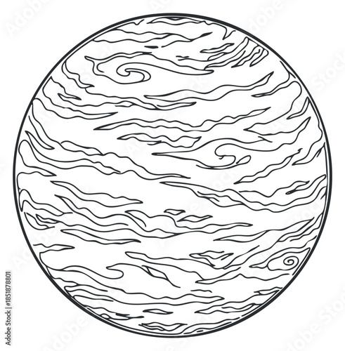 An abstract illustration of a planet with swirling atmospheric patterns in a black and white outline vector style, perfect for science and space-themed designs