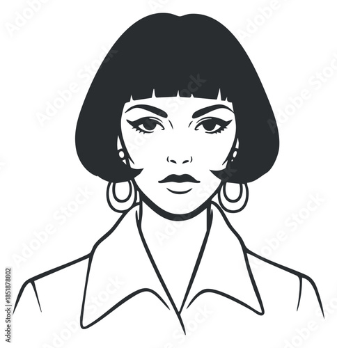 A stylish woman with a bob haircut and earrings in minimalist black and white vector style, perfect for fashion design and branding