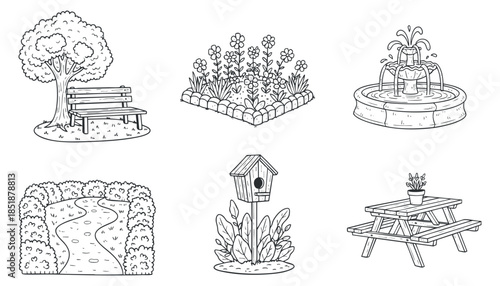 A collection of park elements including a tree, bench, fountain, flower bed, pathway, and picnic table in black and white sketch style, perfect for landscape design projects