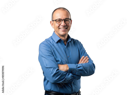 Smiling middle aged man with glasses wearing a blue collared shirt with arms crossed isolated on transparent background