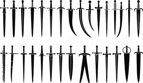 Sword silhouette icon set, fantasy blades, medieval weapons, combat styles, black vector swords, historical blade collection