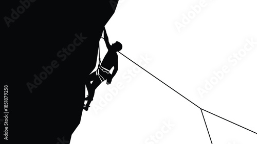 Rock climbing silhouette isolated on white background, climber rappelling with rope illustration for adventure, extreme sport, mountaineering concept vector design