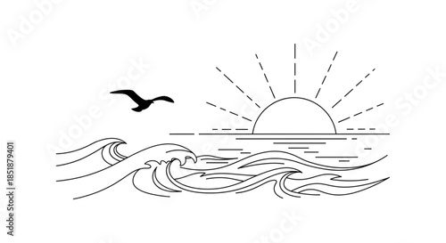 Minimalist Line Art Ocean Waves and Sunrise Simple Outline Drawing Coastal Travel Logo Design Element