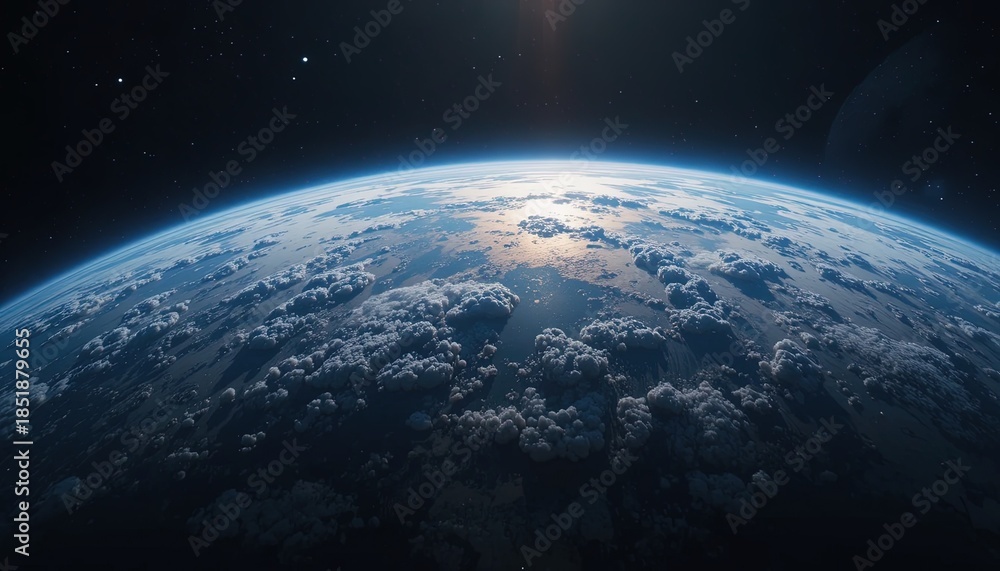 Obraz premium Stunning view of Earth from space with sunlit clouds and atmosphere