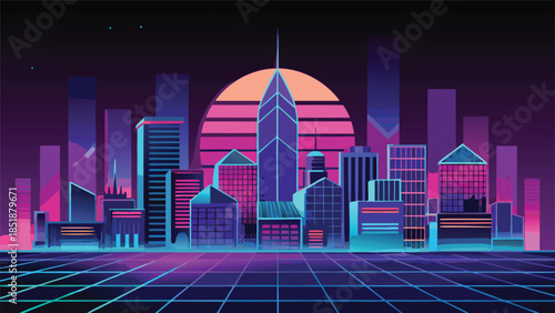 Retro Synthwave 80s Style Cityscape with Neon Sunset for 2026