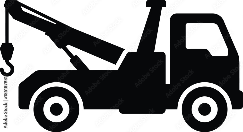 Naklejka premium Tow Truck Silhouette Vector Illustration on White Background – Minimal Black Recovery Vehicle Design for Automotive, Transport, and Emergency Themes