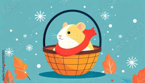 Cute hamster with a red scarf in a woven basket against a light blue, snow-flecked backdrop