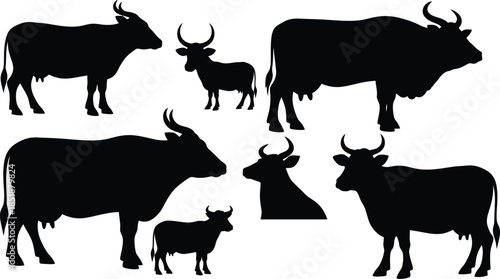 Collection of black silhouettes of cows and bulls in various poses