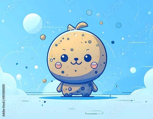 Cute, round, speckled, light-yellow cartoon character on a pale blue backdrop with floating shapes and lines