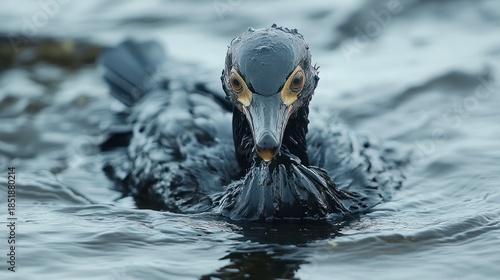 Close-Up of Unique Waterbird with Glossy Feathers Swimming in Calm Waters, Creating Serene Atmosphere