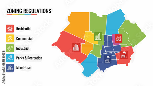 Colorful Map Showing Zoning Regulations and Districts.