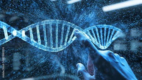 Futuristic DNA Visualization With Digital Hand Interaction In Laboratory.