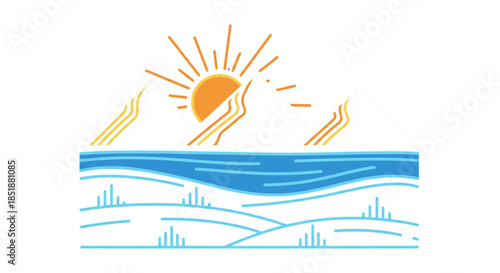 Minimalist Line Art Sunrise Over Mountain and Ocean Waves Graphic Design Summer Vacation Travel Background