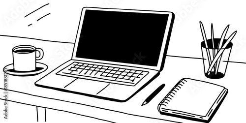Minimalist Workspace with Laptop, Notebook, Coffee, and Elegant Stationery