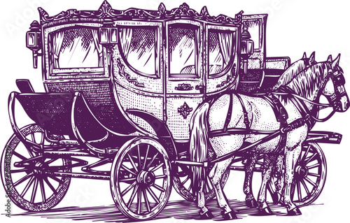 Purple sketch of a horse-drawn carriage with two horses on white background vintage retro